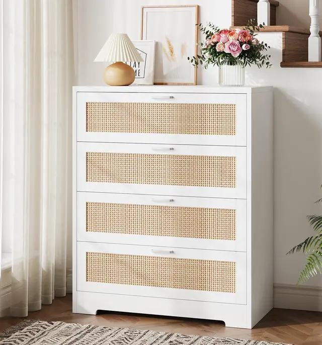 Alt view image 3 of 7 - Patikuin Rattan 4 Drawer Dresser, Wood Tall Chest of Drawers, White | Rattan Dresser for Bedroom with Power Outlets, 4-Drawer Wood Tall Chest of Drawers
