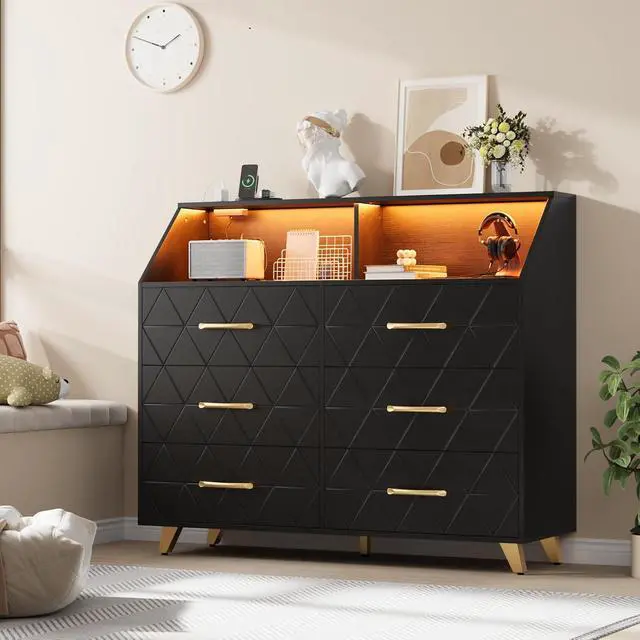 Alt view image 6 of 7 - Patikuin 6 Drawer Dresser with LED Lights & Charging Station, Wooden Black Dresser for Bedroom, Modern TV Stand Dressers & Chests of Drawers for Closet, Hallway, Entryway