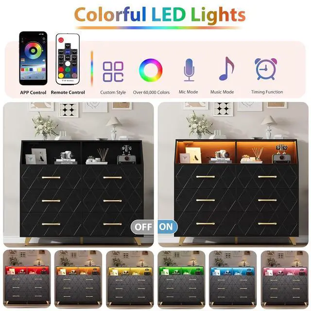 Alt view image 4 of 7 - Patikuin 6 Drawer Dresser with LED Lights & Charging Station, Wooden Black Dresser for Bedroom, Modern TV Stand Dressers & Chests of Drawers for Closet, Hallway, Entryway
