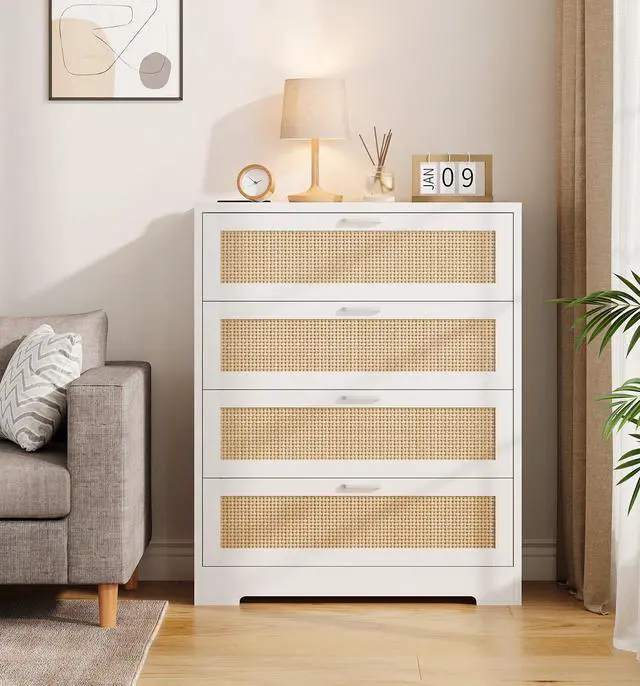 Alt view image 4 of 7 - Patikuin Rattan 4 Drawer Dresser, Wood Tall Chest of Drawers, White | Rattan Dresser for Bedroom with Power Outlets, 4-Drawer Wood Tall Chest of Drawers