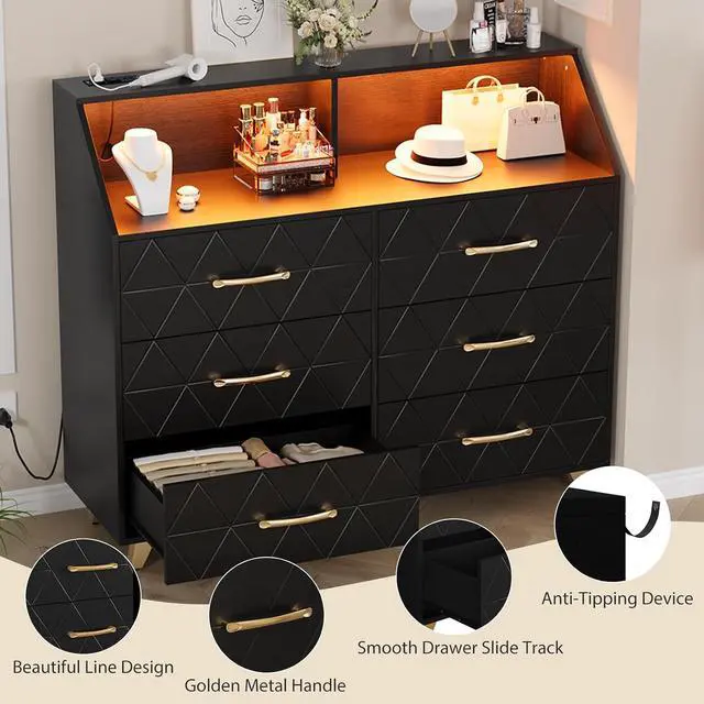Alt view image 5 of 7 - Patikuin 6 Drawer Dresser with LED Lights & Charging Station, Wooden Black Dresser for Bedroom, Modern TV Stand Dressers & Chests of Drawers for Closet, Hallway, Entryway