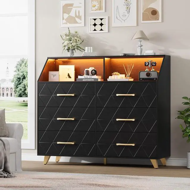 Alt view image 7 of 7 - Patikuin 6 Drawer Dresser with LED Lights & Charging Station, Wooden Black Dresser for Bedroom, Modern TV Stand Dressers & Chests of Drawers for Closet, Hallway, Entryway