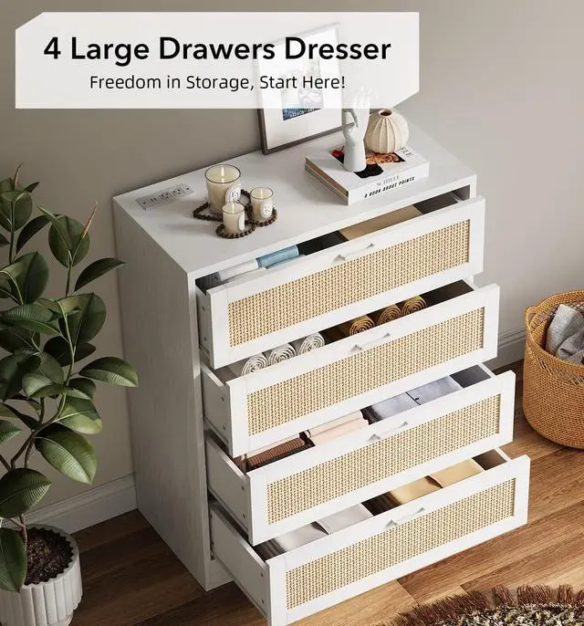 Alt view image 5 of 7 - Patikuin Rattan 4 Drawer Dresser, Wood Tall Chest of Drawers, White | Rattan Dresser for Bedroom with Power Outlets, 4-Drawer Wood Tall Chest of Drawers