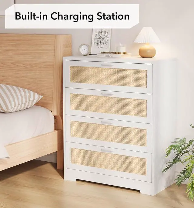 Alt view image 6 of 7 - Patikuin Rattan 4 Drawer Dresser, Wood Tall Chest of Drawers, White | Rattan Dresser for Bedroom with Power Outlets, 4-Drawer Wood Tall Chest of Drawers