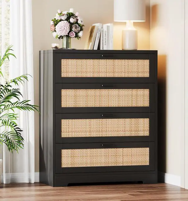 Main image of Patikuin Rattan 4 Drawer Dresser, Wood Tall Chest of Drawers, Black | Rattan Dresser for Bedroom with Power Outlets, 4-Drawer Wood Tall Chest of Drawers