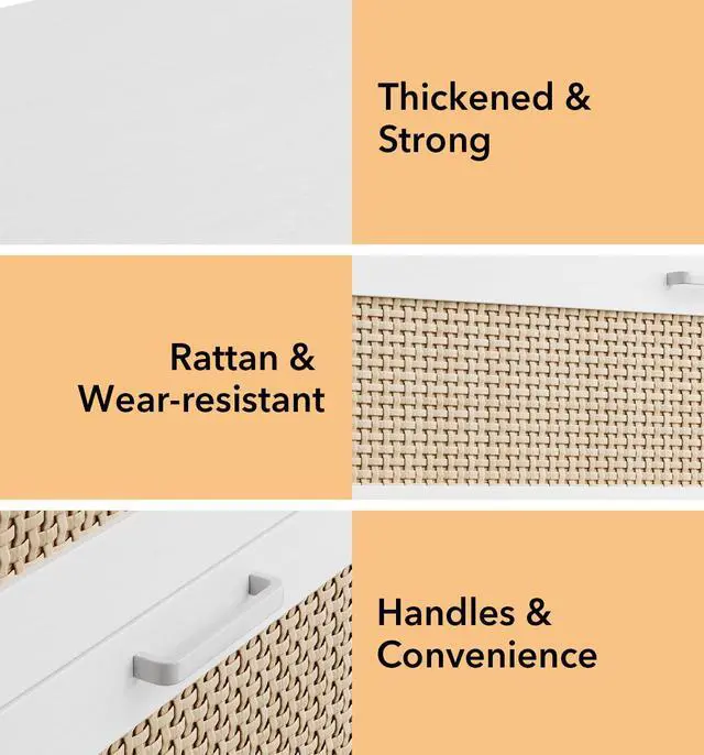 Alt view image 7 of 7 - Patikuin Rattan 4 Drawer Dresser, Wood Tall Chest of Drawers, White | Rattan Dresser for Bedroom with Power Outlets, 4-Drawer Wood Tall Chest of Drawers