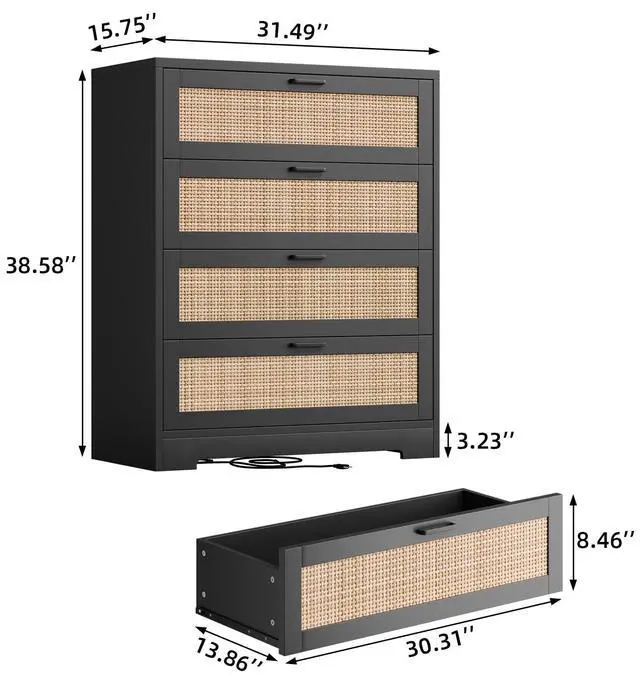 Alt view image 2 of 7 - Patikuin Rattan 4 Drawer Dresser, Wood Tall Chest of Drawers, Black | Rattan Dresser for Bedroom with Power Outlets, 4-Drawer Wood Tall Chest of Drawers