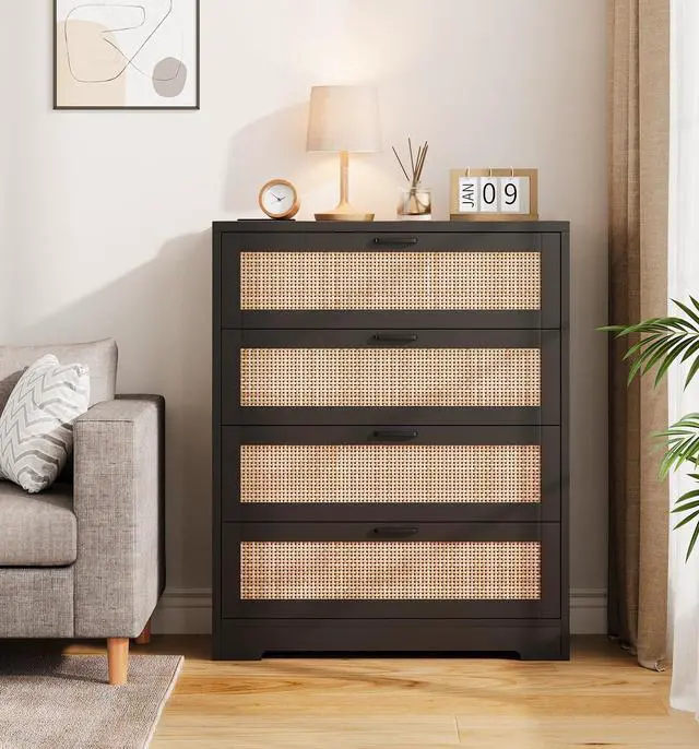 Alt view image 4 of 7 - Patikuin Rattan 4 Drawer Dresser, Wood Tall Chest of Drawers, Black | Rattan Dresser for Bedroom with Power Outlets, 4-Drawer Wood Tall Chest of Drawers