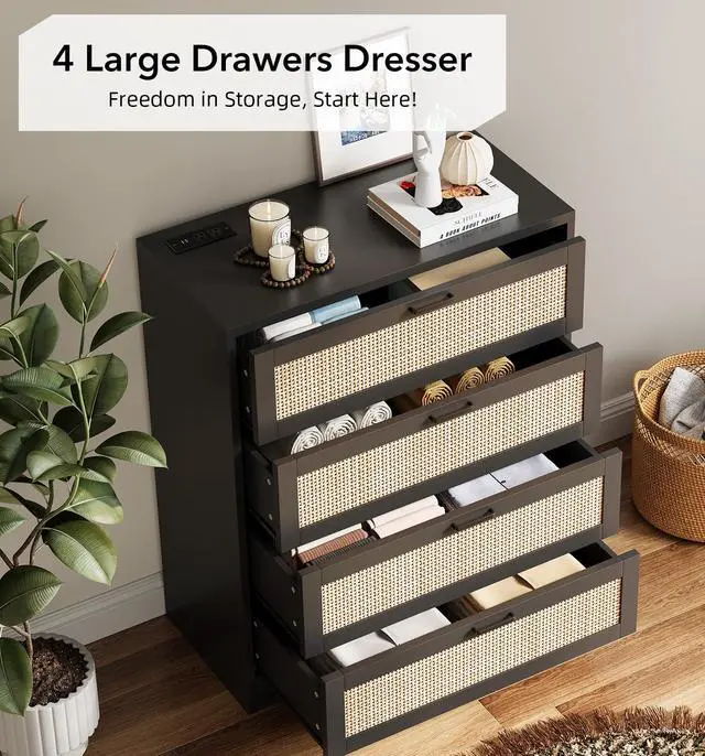 Alt view image 5 of 7 - Patikuin Rattan 4 Drawer Dresser, Wood Tall Chest of Drawers, Black | Rattan Dresser for Bedroom with Power Outlets, 4-Drawer Wood Tall Chest of Drawers
