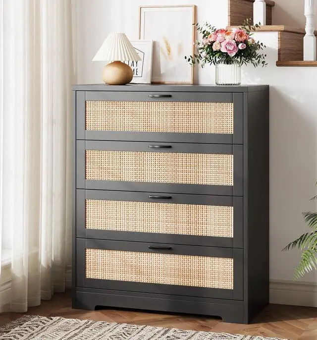 Alt view image 3 of 7 - Patikuin Rattan 4 Drawer Dresser, Wood Tall Chest of Drawers, Black | Rattan Dresser for Bedroom with Power Outlets, 4-Drawer Wood Tall Chest of Drawers