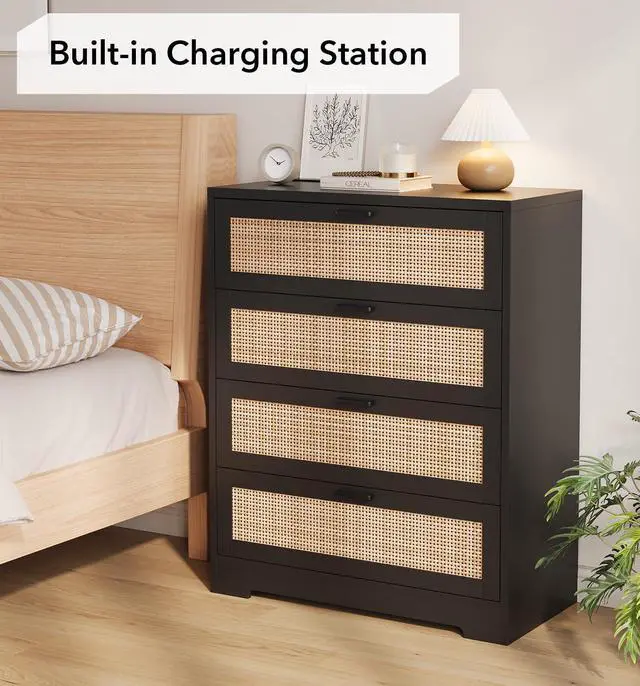Alt view image 6 of 7 - Patikuin Rattan 4 Drawer Dresser, Wood Tall Chest of Drawers, Black | Rattan Dresser for Bedroom with Power Outlets, 4-Drawer Wood Tall Chest of Drawers
