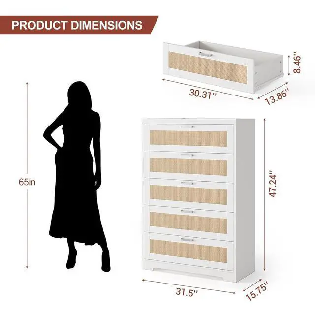 Alt view image 2 of 7 - Patikuin Rattan 5 Drawer Dresser, Wood Tall Chest of Drawers, White | Rattan Dresser for Bedroom with Power Outlets, 5-Drawer Wood Tall Chest of Drawers