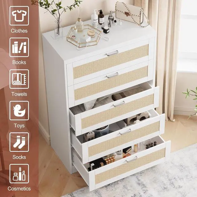 Alt view image 4 of 7 - Patikuin Rattan 5 Drawer Dresser, Wood Tall Chest of Drawers, White | Rattan Dresser for Bedroom with Power Outlets, 5-Drawer Wood Tall Chest of Drawers