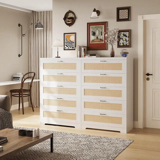 Alt view image 3 of 7 - Patikuin Rattan 5 Drawer Dresser, Wood Tall Chest of Drawers, White | Rattan Dresser for Bedroom with Power Outlets, 5-Drawer Wood Tall Chest of Drawers