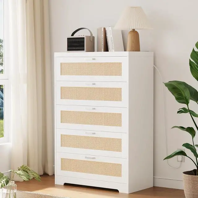 Alt view image 5 of 7 - Patikuin Rattan 5 Drawer Dresser, Wood Tall Chest of Drawers, White | Rattan Dresser for Bedroom with Power Outlets, 5-Drawer Wood Tall Chest of Drawers