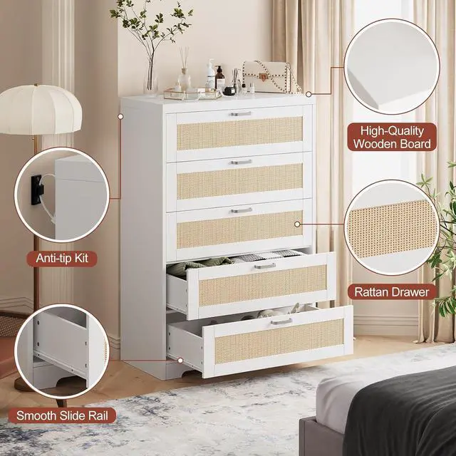 Alt view image 7 of 7 - Patikuin Rattan 5 Drawer Dresser, Wood Tall Chest of Drawers, White | Rattan Dresser for Bedroom with Power Outlets, 5-Drawer Wood Tall Chest of Drawers