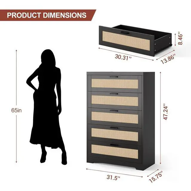 Alt view image 2 of 7 - Patikuin Rattan 5 Drawer Dresser, Wood Tall Chest of Drawers, Black | Rattan Dresser for Bedroom with Power Outlets, 5-Drawer Wood Tall Chest of Drawers