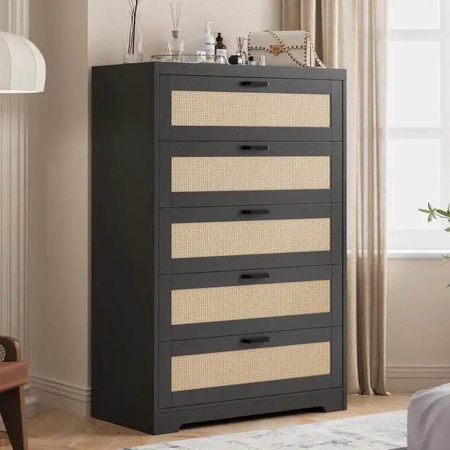 Main image of Patikuin Rattan 5 Drawer Dresser, Wood Tall Chest of Drawers, Black | Rattan Dresser for Bedroom with Power Outlets, 5-Drawer Wood Tall Chest of Drawers