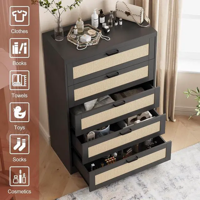 Alt view image 3 of 7 - Patikuin Rattan 5 Drawer Dresser, Wood Tall Chest of Drawers, Black | Rattan Dresser for Bedroom with Power Outlets, 5-Drawer Wood Tall Chest of Drawers