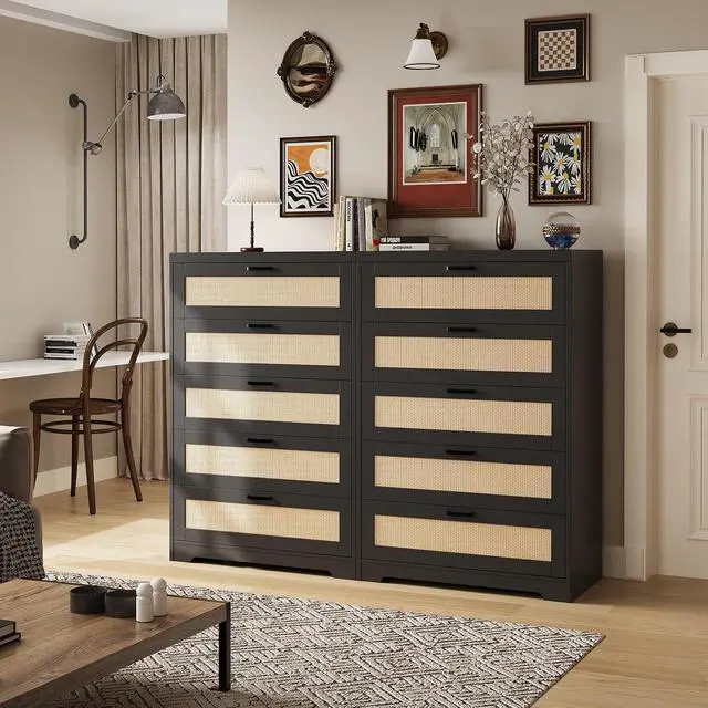 Alt view image 4 of 7 - Patikuin Rattan 5 Drawer Dresser, Wood Tall Chest of Drawers, Black | Rattan Dresser for Bedroom with Power Outlets, 5-Drawer Wood Tall Chest of Drawers
