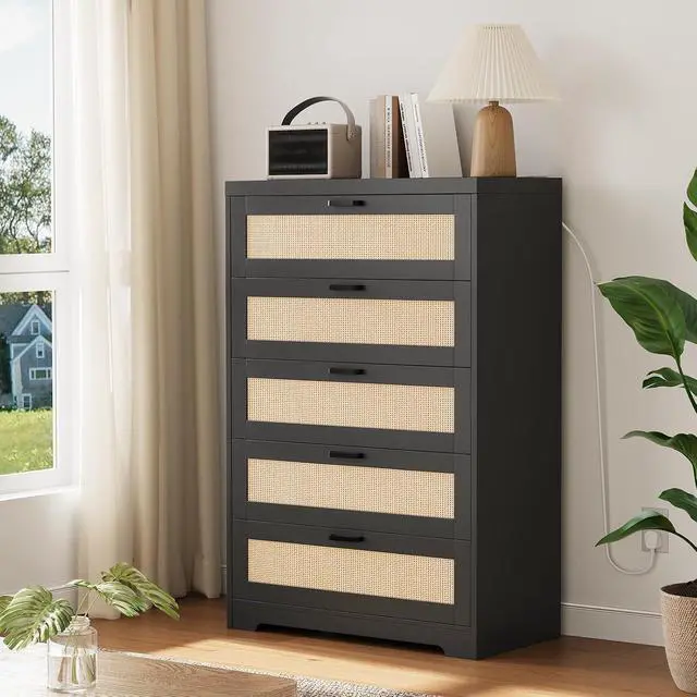 Alt view image 6 of 7 - Patikuin Rattan 5 Drawer Dresser, Wood Tall Chest of Drawers, Black | Rattan Dresser for Bedroom with Power Outlets, 5-Drawer Wood Tall Chest of Drawers