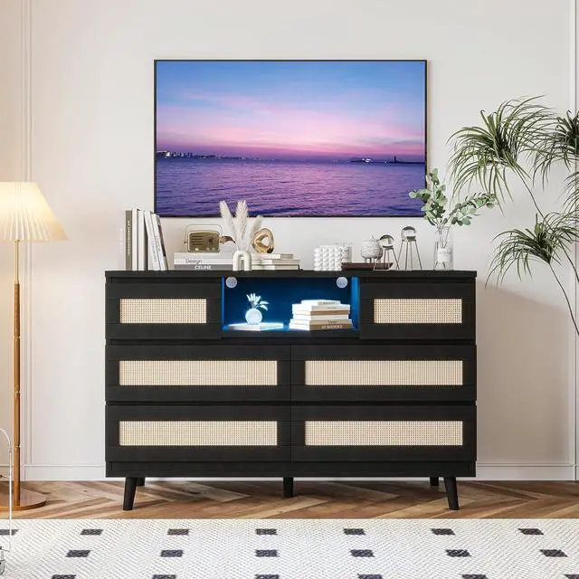 Main image of Patikuin Rattan 6 Drawer Dresser for Bedroom, Modern Farmhouse Wood Closet Dresser, Compact Chest of Drawers with LED Light and Charging Station, TV Stand, Nursery, Entryway, Hallway, Black