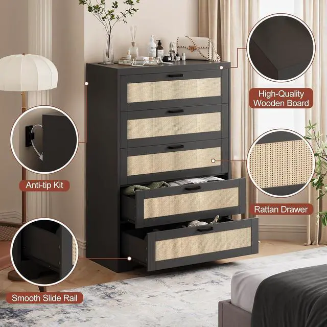 Alt view image 7 of 7 - Patikuin Rattan 5 Drawer Dresser, Wood Tall Chest of Drawers, Black | Rattan Dresser for Bedroom with Power Outlets, 5-Drawer Wood Tall Chest of Drawers