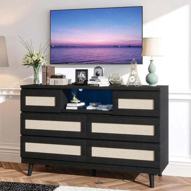 Alt view image 3 of 7 - Patikuin Rattan 6 Drawer Dresser for Bedroom, Modern Farmhouse Wood Closet Dresser, Compact Chest of Drawers with LED Light and Charging Station, TV Stand, Nursery, Entryway, Hallway, Black