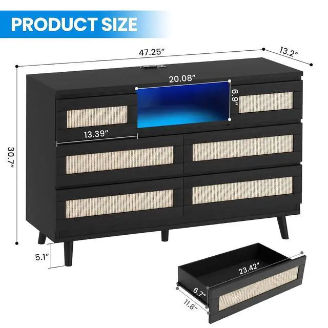 Alt view image 2 of 7 - Patikuin Rattan 6 Drawer Dresser for Bedroom, Modern Farmhouse Wood Closet Dresser, Compact Chest of Drawers with LED Light and Charging Station, TV Stand, Nursery, Entryway, Hallway, Black