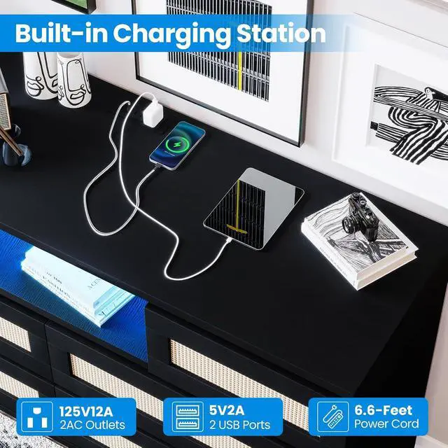 Alt view image 5 of 7 - Patikuin Rattan 6 Drawer Dresser for Bedroom, Modern Farmhouse Wood Closet Dresser, Compact Chest of Drawers with LED Light and Charging Station, TV Stand, Nursery, Entryway, Hallway, Black
