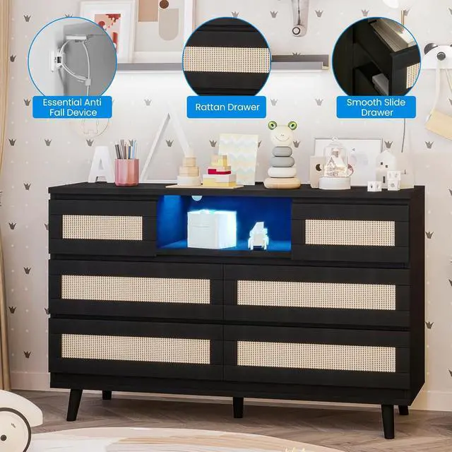 Alt view image 7 of 7 - Patikuin Rattan 6 Drawer Dresser for Bedroom, Modern Farmhouse Wood Closet Dresser, Compact Chest of Drawers with LED Light and Charging Station, TV Stand, Nursery, Entryway, Hallway, Black