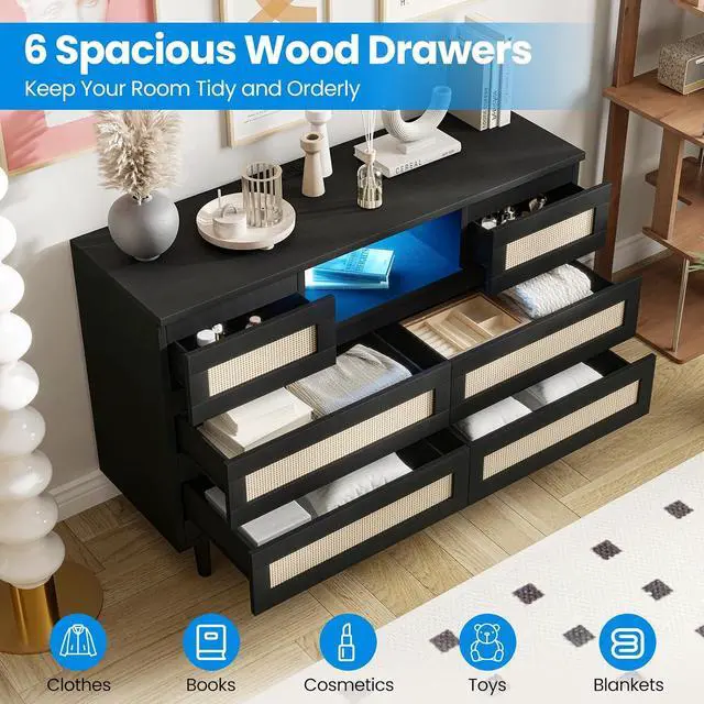 Alt view image 6 of 7 - Patikuin Rattan 6 Drawer Dresser for Bedroom, Modern Farmhouse Wood Closet Dresser, Compact Chest of Drawers with LED Light and Charging Station, TV Stand, Nursery, Entryway, Hallway, Black