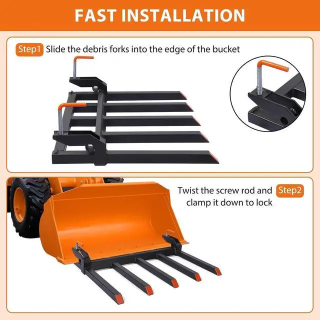 Alt view image 4 of 6 - Patikuin Heavy Duty 5000lbs Clamp-On Debris Forks for Loader Bucket, 68" Pallet Forks Attachment Fits Skid Steer Tractor with Gloves, Black & Orange