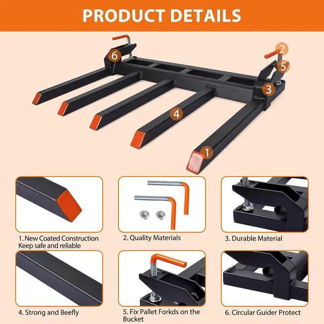 Alt view image 5 of 6 - Patikuin Heavy Duty 5000lbs Clamp-On Debris Forks for Loader Bucket, 68" Pallet Forks Attachment Fits Skid Steer Tractor with Gloves, Black & Orange