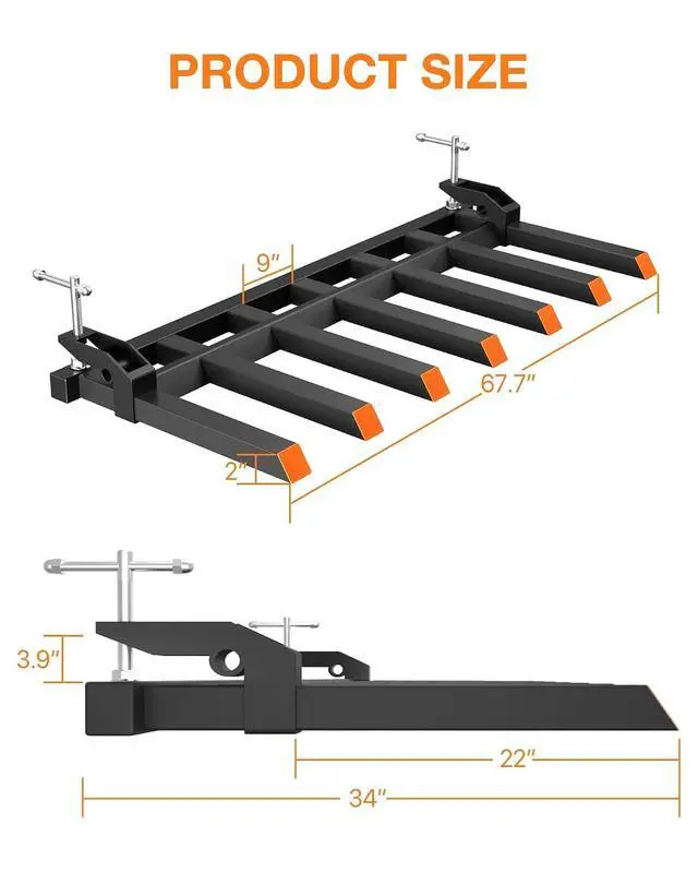 Alt view image 6 of 6 - Patikuin Heavy Duty 5000lbs Clamp-On Debris Forks for Loader Bucket, 68" Pallet Forks Attachment Fits Skid Steer Tractor with Gloves, Black & Orange