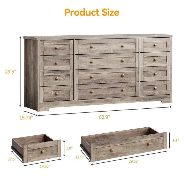Alt view image 2 of 7 - Patikuin 12 Drawer Wooden Dressers for Bedroom, Modern Chest of Drawers for Adult Bedroom, Grey Wood Dresser for Closet, Living Room, Hallway, TV Stand Dresser for 65 Inch TV, 15.7"D x 63"W x 29.5"H