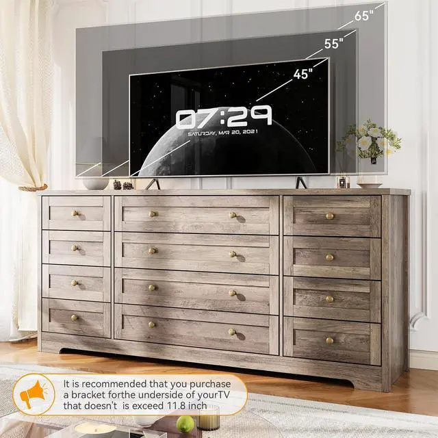 Alt view image 5 of 7 - Patikuin 12 Drawer Wooden Dressers for Bedroom, Modern Chest of Drawers for Adult Bedroom, Grey Wood Dresser for Closet, Living Room, Hallway, TV Stand Dresser for 65 Inch TV, 15.7"D x 63"W x 29.5"H