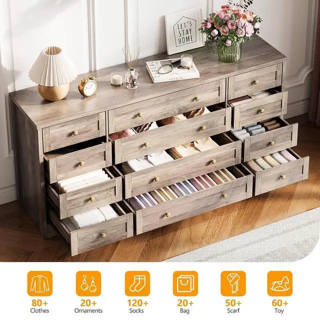 Alt view image 4 of 7 - Patikuin 12 Drawer Wooden Dressers for Bedroom, Modern Chest of Drawers for Adult Bedroom, Grey Wood Dresser for Closet, Living Room, Hallway, TV Stand Dresser for 65 Inch TV, 15.7"D x 63"W x 29.5"H