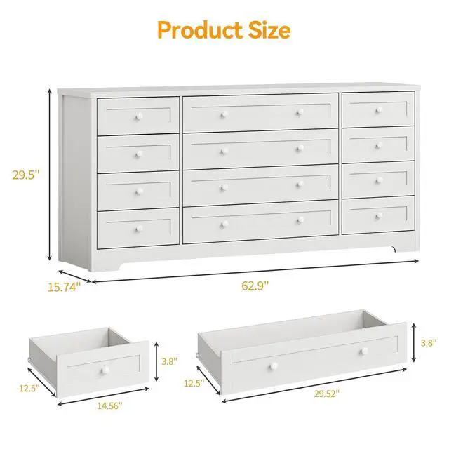 Alt view image 2 of 7 - Patikuin 12 Drawer Wooden Dressers for Bedroom, Modern Chest of Drawers for Adult Bedroom, White Wood Dresser for Closet, Living Room, Hallway, TV Stand Dresser for 65 Inch TV, 15.7"D x 63"W x 29.5"H