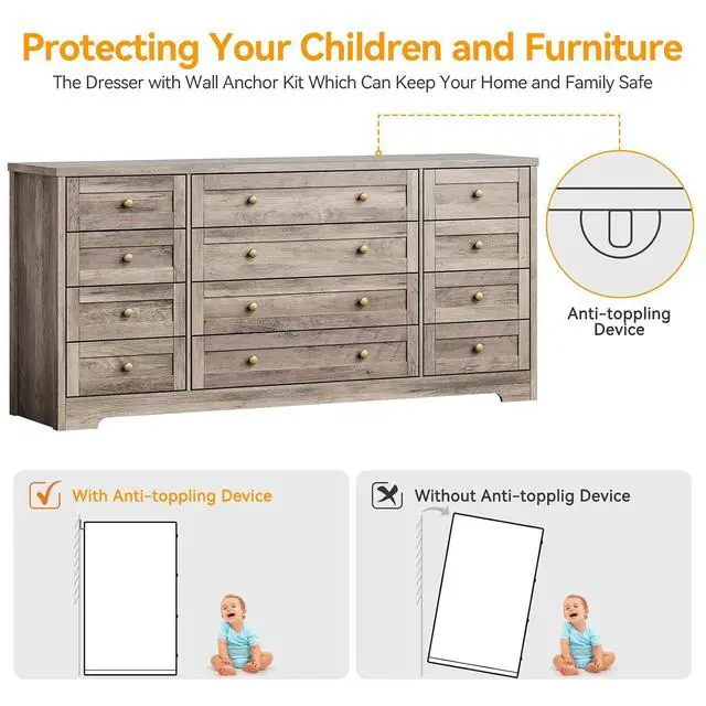 Alt view image 7 of 7 - Patikuin 12 Drawer Wooden Dressers for Bedroom, Modern Chest of Drawers for Adult Bedroom, Grey Wood Dresser for Closet, Living Room, Hallway, TV Stand Dresser for 65 Inch TV, 15.7"D x 63"W x 29.5"H