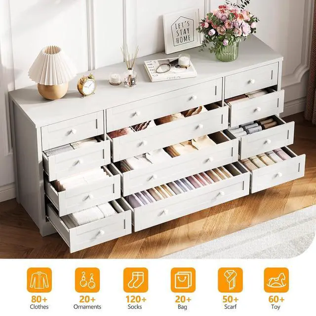 Alt view image 4 of 7 - Patikuin 12 Drawer Wooden Dressers for Bedroom, Modern Chest of Drawers for Adult Bedroom, White Wood Dresser for Closet, Living Room, Hallway, TV Stand Dresser for 65 Inch TV, 15.7"D x 63"W x 29.5"H
