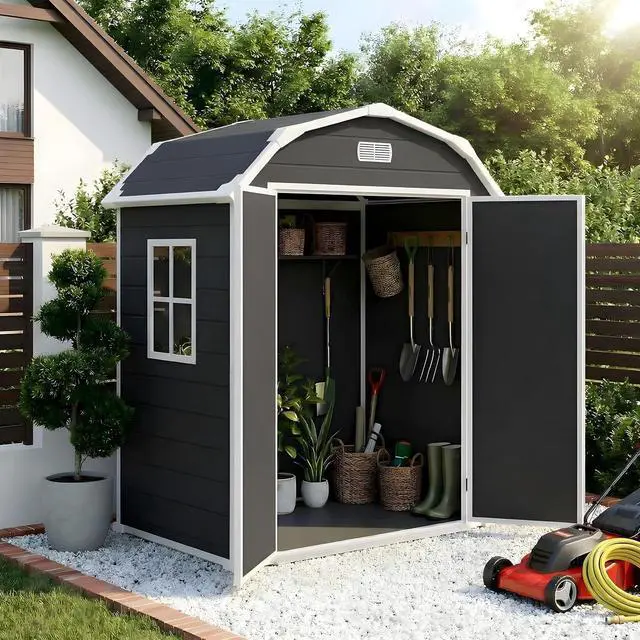 Main image of Patikuin 6x4 FT Heavy-Duty Resin Outdoor Storage Shed with Floor, Lockable & Weather-Resistant, Secure Garden Organizer for Patio Furniture, Tools, Bikes, Black