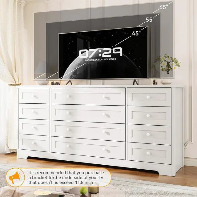 Alt view image 5 of 7 - Patikuin 12 Drawer Wooden Dressers for Bedroom, Modern Chest of Drawers for Adult Bedroom, White Wood Dresser for Closet, Living Room, Hallway, TV Stand Dresser for 65 Inch TV, 15.7"D x 63"W x 29.5"H