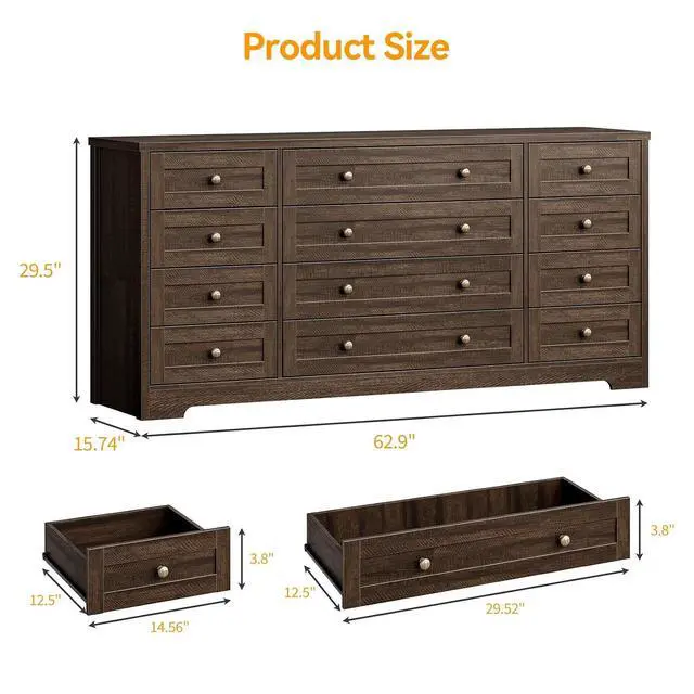 Alt view image 2 of 7 - Patikuin 12 Drawer Wooden Dressers for Bedroom, Modern Chest of Drawers for Adult Bedroom, Brown Wood Dresser for Closet, Living Room, Hallway, TV Stand Dresser for 65 Inch TV, 15.7"D x 63"W x29.5" H