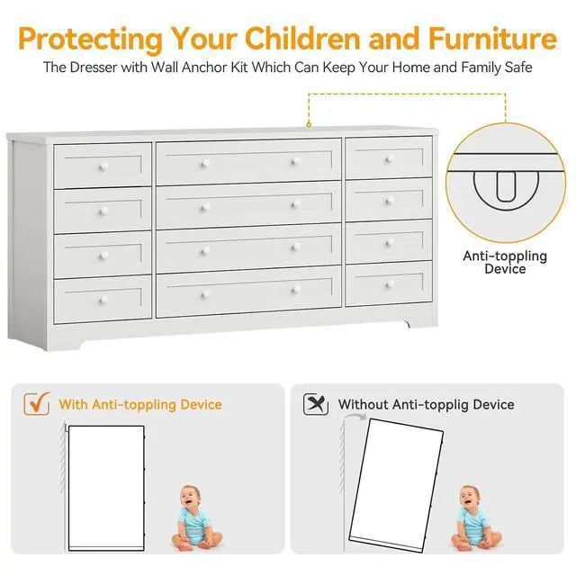 Alt view image 7 of 7 - Patikuin 12 Drawer Wooden Dressers for Bedroom, Modern Chest of Drawers for Adult Bedroom, White Wood Dresser for Closet, Living Room, Hallway, TV Stand Dresser for 65 Inch TV, 15.7"D x 63"W x 29.5"H