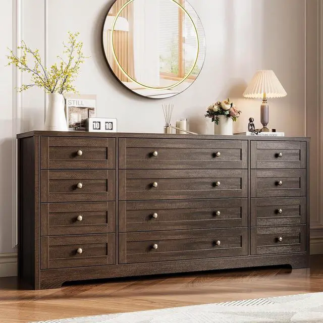 Main image of Patikuin 12 Drawer Wooden Dressers for Bedroom, Modern Chest of Drawers for Adult Bedroom, Brown Wood Dresser for Closet, Living Room, Hallway, TV Stand Dresser for 65 Inch TV, 15.7"D x 63"W x29.5" H