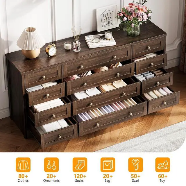 Alt view image 4 of 7 - Patikuin 12 Drawer Wooden Dressers for Bedroom, Modern Chest of Drawers for Adult Bedroom, Brown Wood Dresser for Closet, Living Room, Hallway, TV Stand Dresser for 65 Inch TV, 15.7"D x 63"W x29.5" H