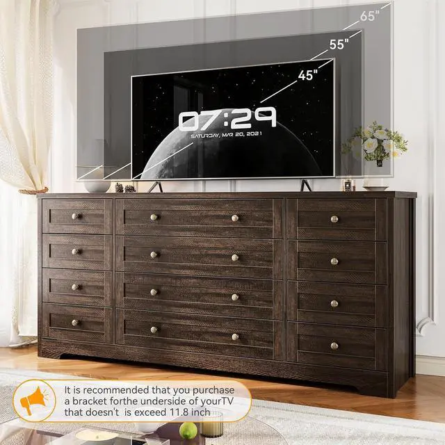 Alt view image 5 of 7 - Patikuin 12 Drawer Wooden Dressers for Bedroom, Modern Chest of Drawers for Adult Bedroom, Brown Wood Dresser for Closet, Living Room, Hallway, TV Stand Dresser for 65 Inch TV, 15.7"D x 63"W x29.5" H
