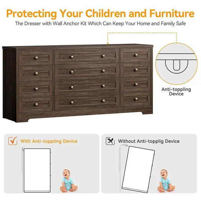 Alt view image 7 of 7 - Patikuin 12 Drawer Wooden Dressers for Bedroom, Modern Chest of Drawers for Adult Bedroom, Brown Wood Dresser for Closet, Living Room, Hallway, TV Stand Dresser for 65 Inch TV, 15.7"D x 63"W x29.5" H