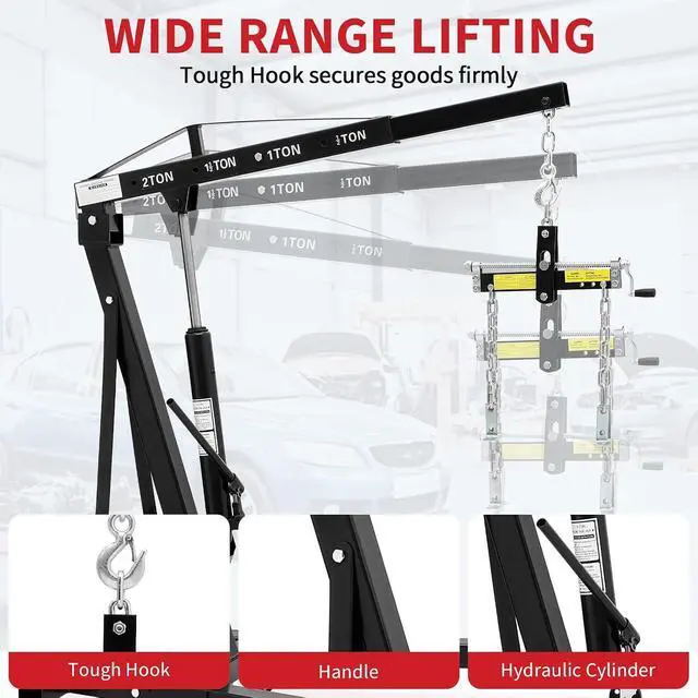 Alt view image 4 of 7 - Patikuin 2 Ton Engine Hoist,Cherry Picker Shop Crane with 6 Casters and Telescopic Boom,Folding Hydraulic Crane with Wheels for Automotive Repair Shops, Workshops,Warehouses